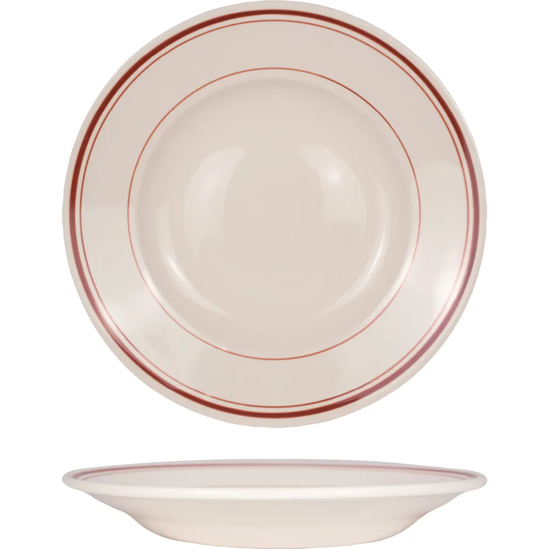International Tableware RW-105 - 10.9" x 2" Rosewood Bowl, 22 oz Ceramic, White Red Band - 1 Dozen