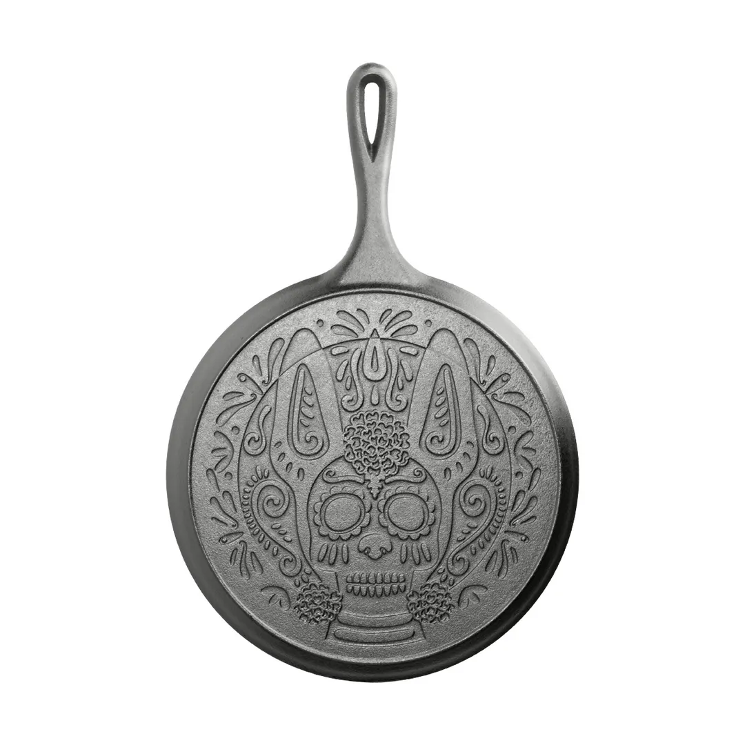 Lodge L9OGXLL Griddle - 10-5/8" Dia. Cast Iron, Xolo Sugar Skull, Induction Ready, Single Handle