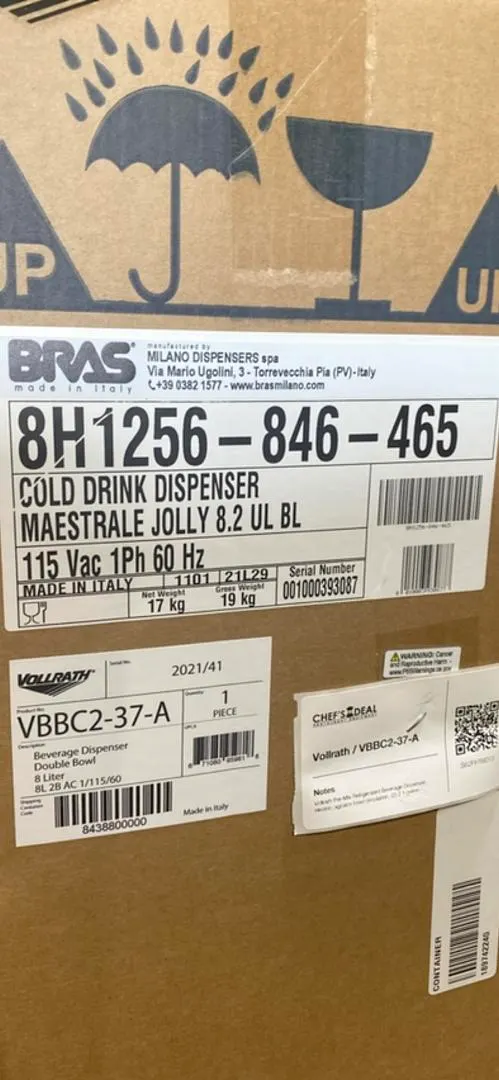 Vollrath VBBC2-37-A Pre-Mix Refrigerated Beverage Dispenser w/  Double 2.1 gal Bowls - Open box