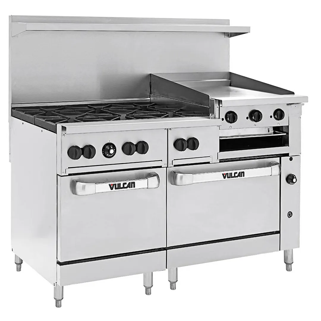 Vulcan 60SS-6B24GBN 60" Natural Gas Restaurant Range w/ (6) Open Burners, 24" Raised Griddle/Broiler Right, (2) Standard Ovens, 268.000 BTU