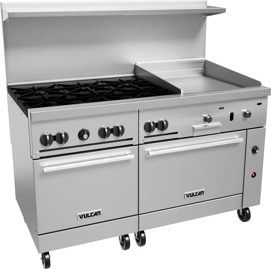Vulcan 60SS-6B24GP 60" LP Gas Restaurant Range w/ (6) Open Burners, 24" Griddle Right, (2) Standard Ovens, 278.000 BTU