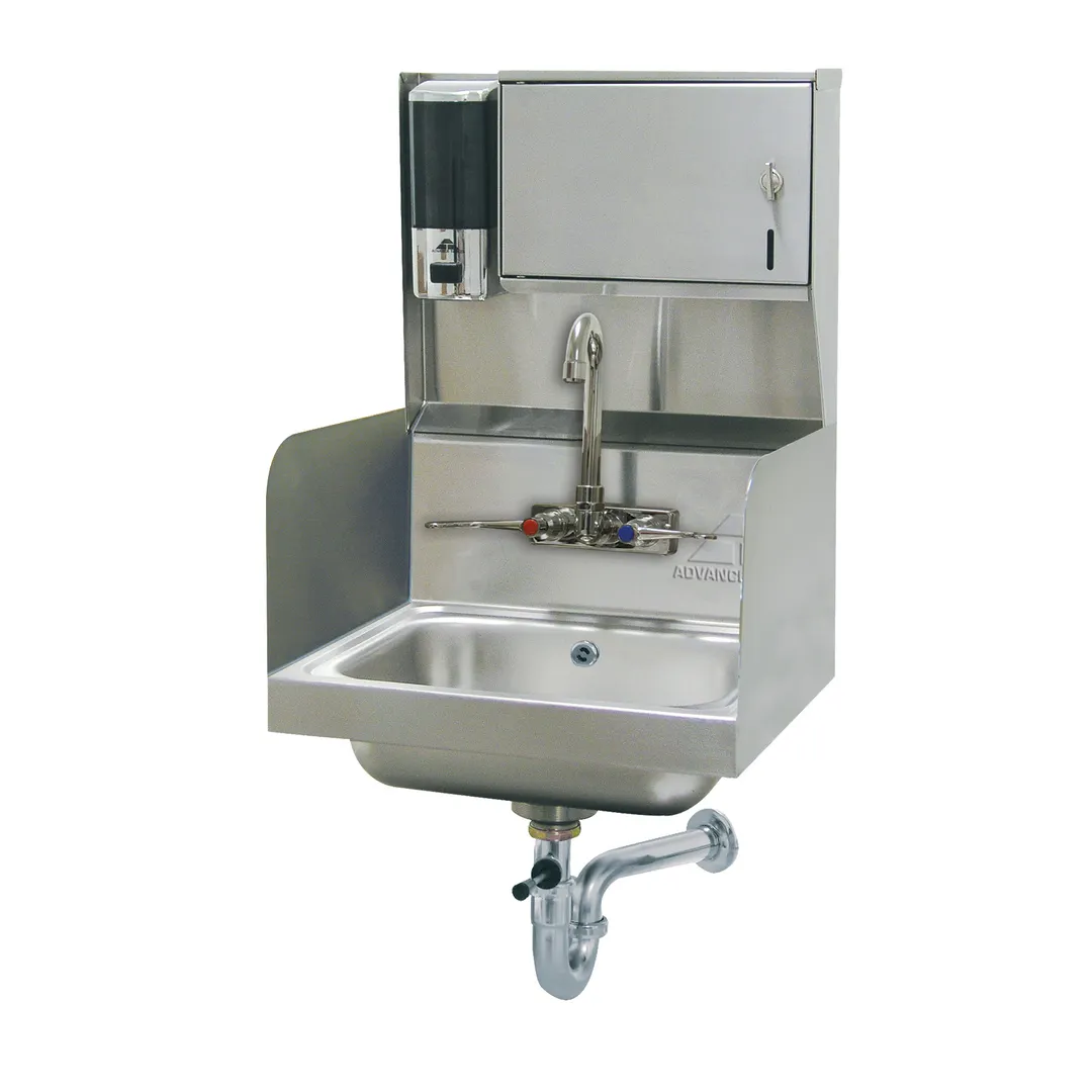 Advance Tabco 7-PS-87 17" Wall Mounted Hand Sink w/Wrist Faucet, Soap & Towel Dispenser - 20 gauge