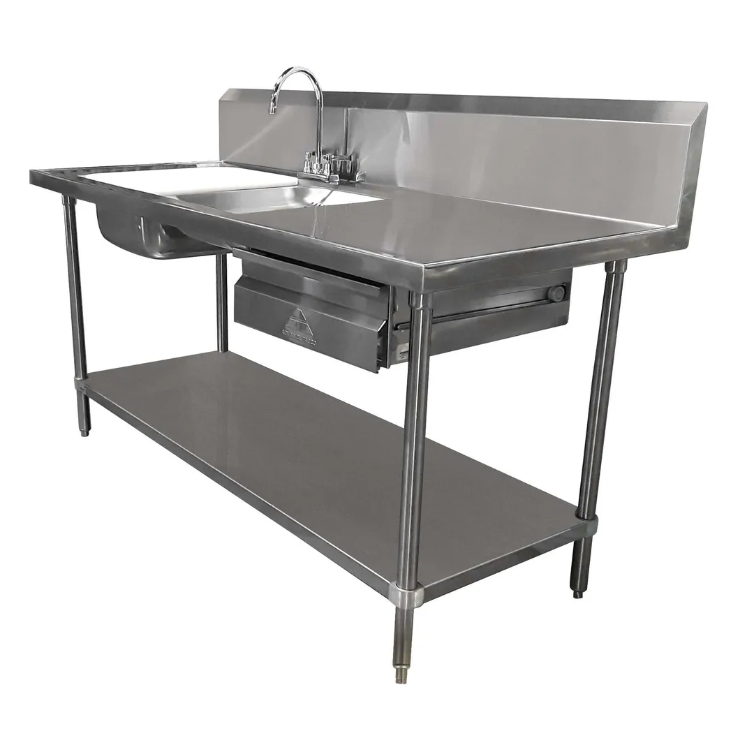 Advance Tabco DL-30-72 72" Prep Table Sink Unit, 2 Bowl on Center with Drawer & Faucet - 14 Gauge