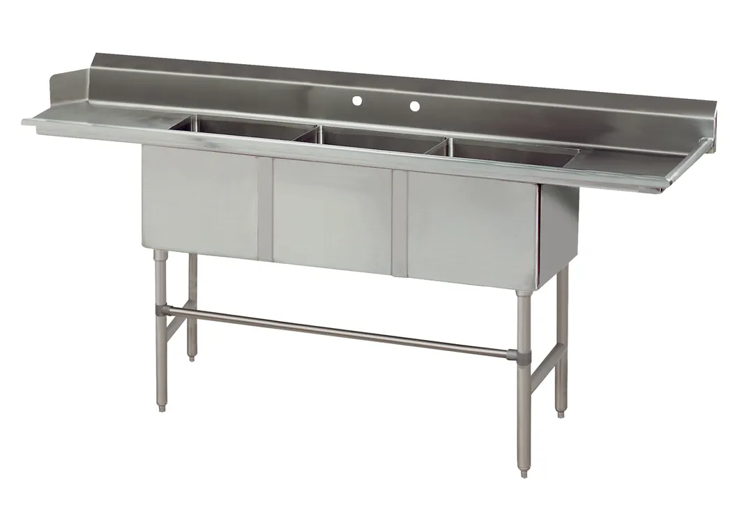 Advance Tabco DTC-3-90R-X 90" Dishtable with Potsinks, 16" Right Drainboard, 3 Bowls