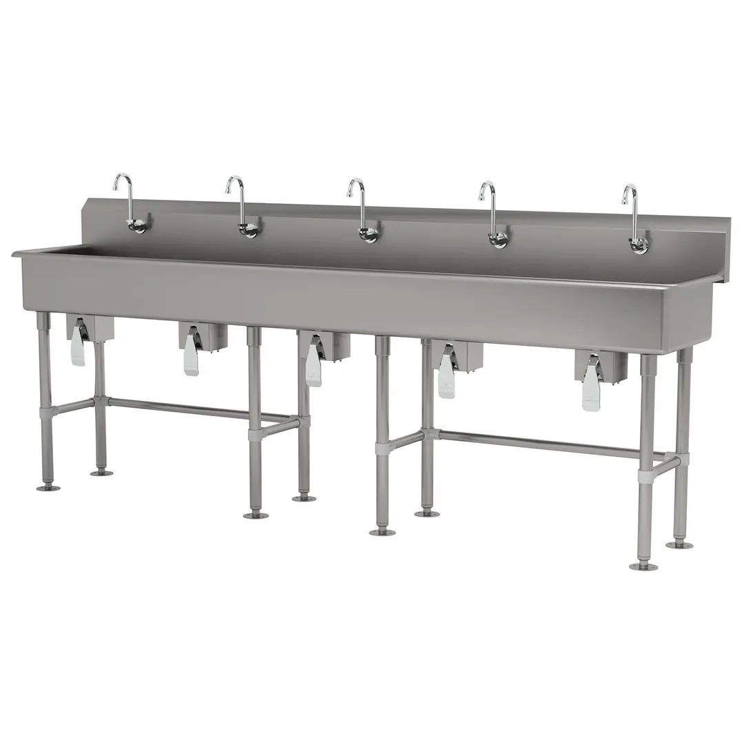 Advance Tabco FS-FM-100KV 100" Freestanding Multi-Station Hand Sink without Faucet-Knee Valves/14 g