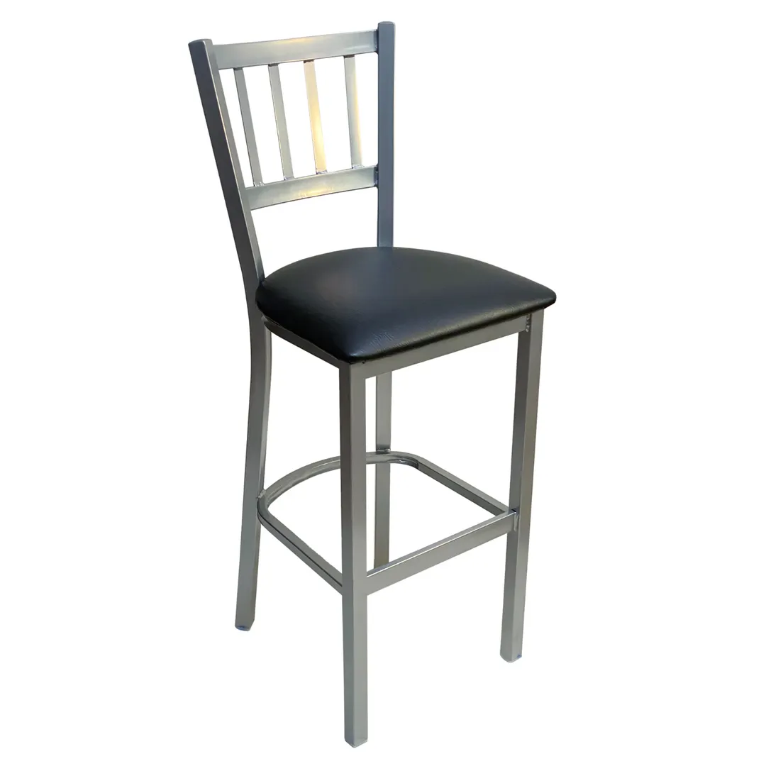 AAA Furniture Wholesale 309BS BVS-SLV Bar Stool – Slat Back, Black Vinyl Seat, Silver Metal Frame, Footrest