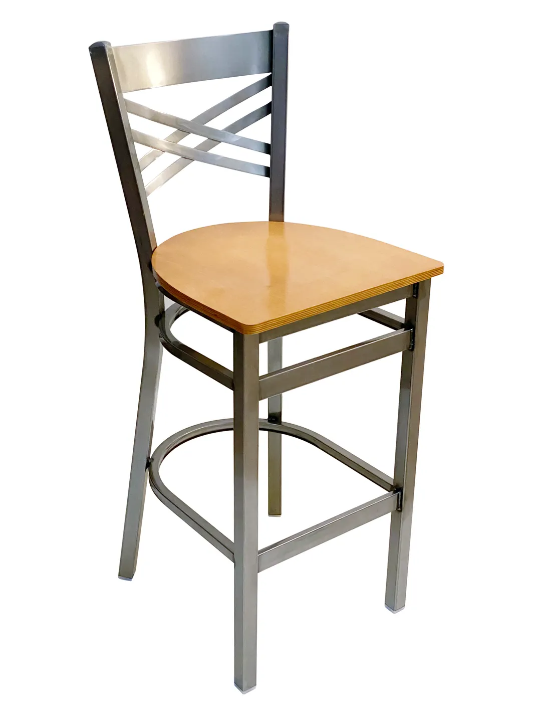 AAA Furniture Wholesale 310BS/CLEAR COAT WS Barstool – Criss-Cross Metal Back, Wood Saddle Seat, Armless Legs