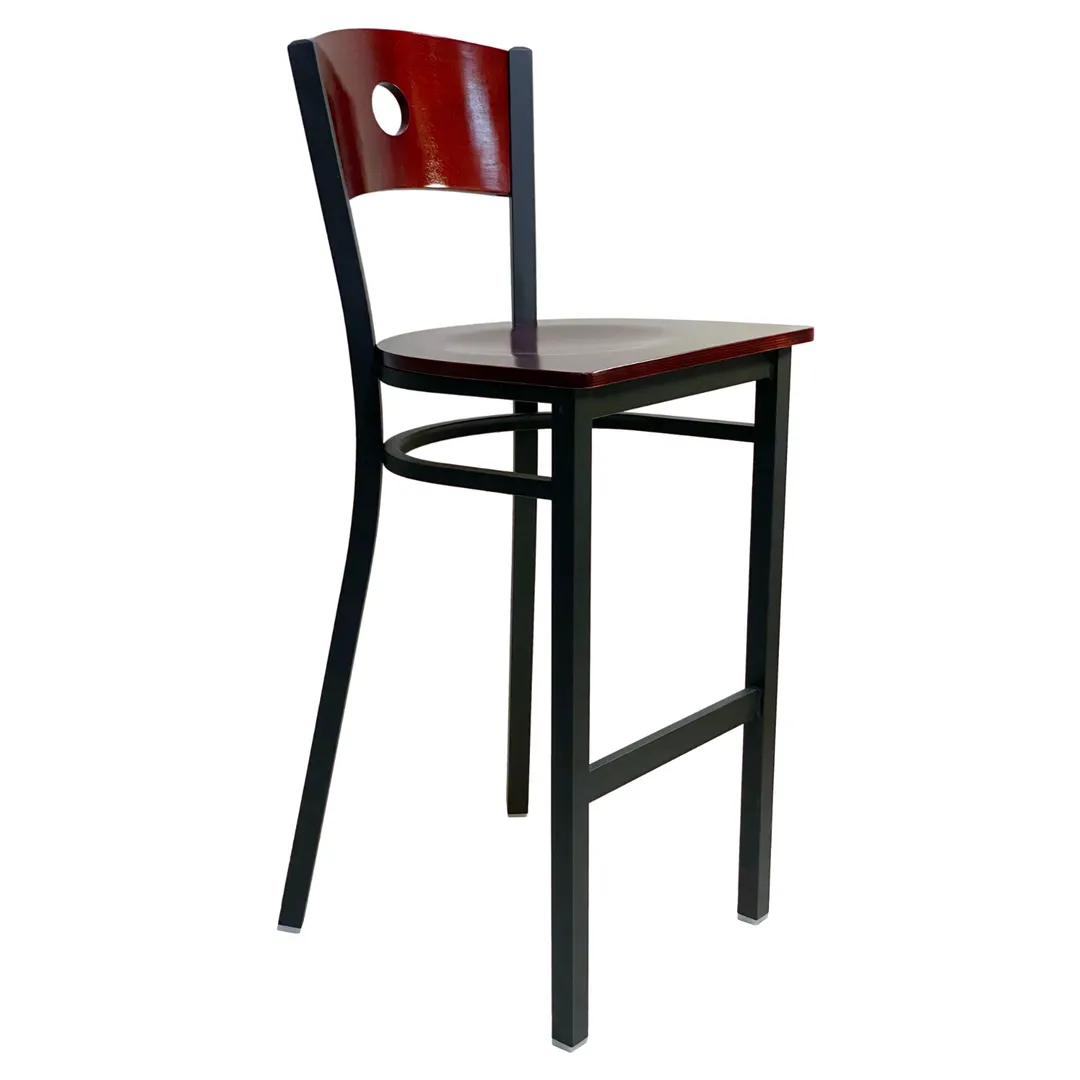 AAA Furniture Wholesale 315BS/CIRCLE WS Bar Stool – Cut‑Out Back, Wood Saddle Seat, Metal Frame, Fast Ship