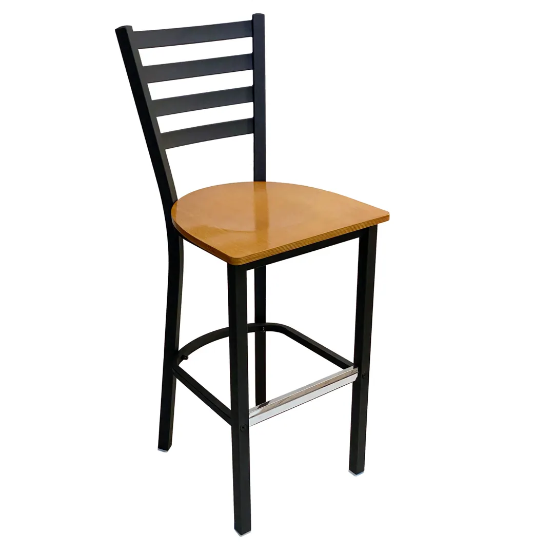 AAA Furniture Wholesale 316BS WS Bar Stool, Ladder Back, Wood Saddle Seat, Matte Black Metal Frame, Quick Ship