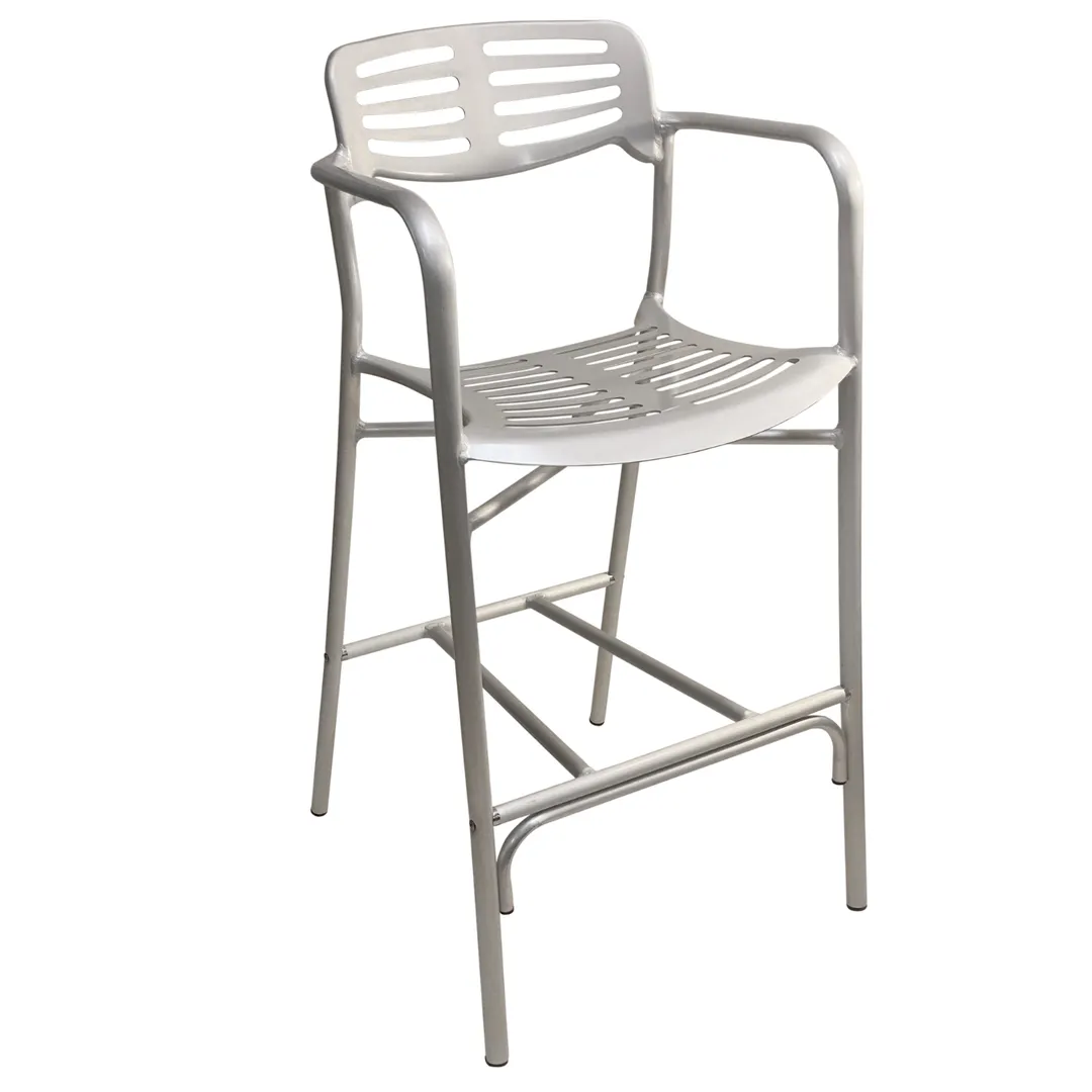 AAA Furniture Wholesale 319BS-BH Brushed Aluminum Outdoor Bar Stool with Arms, Slotted Metal Back & Seat