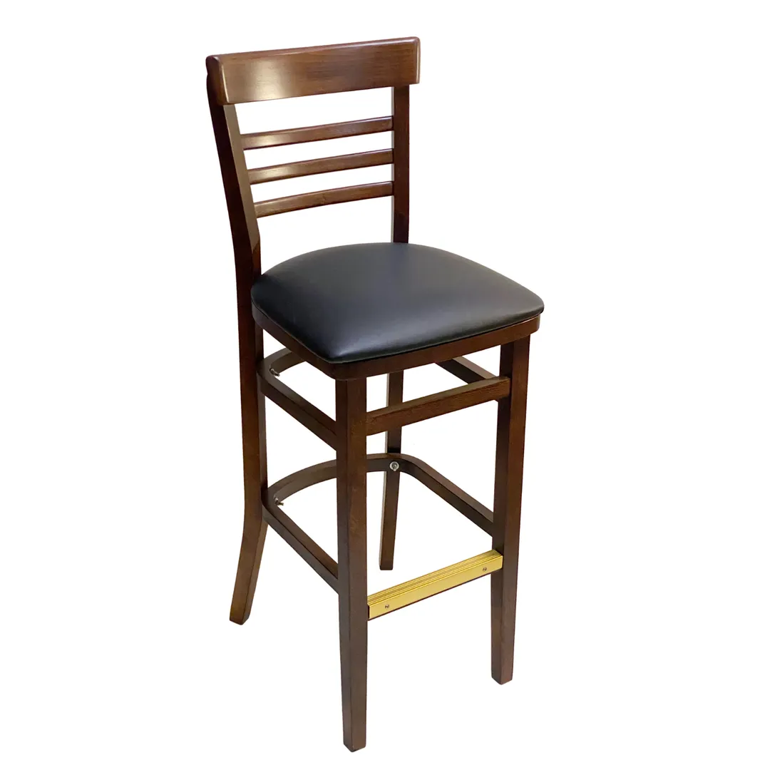 AAA Furniture Wholesale 412BS BVS Bar Stool – Ladder Back, Black Vinyl Seat, Wood Frame, Gold Foot Cover