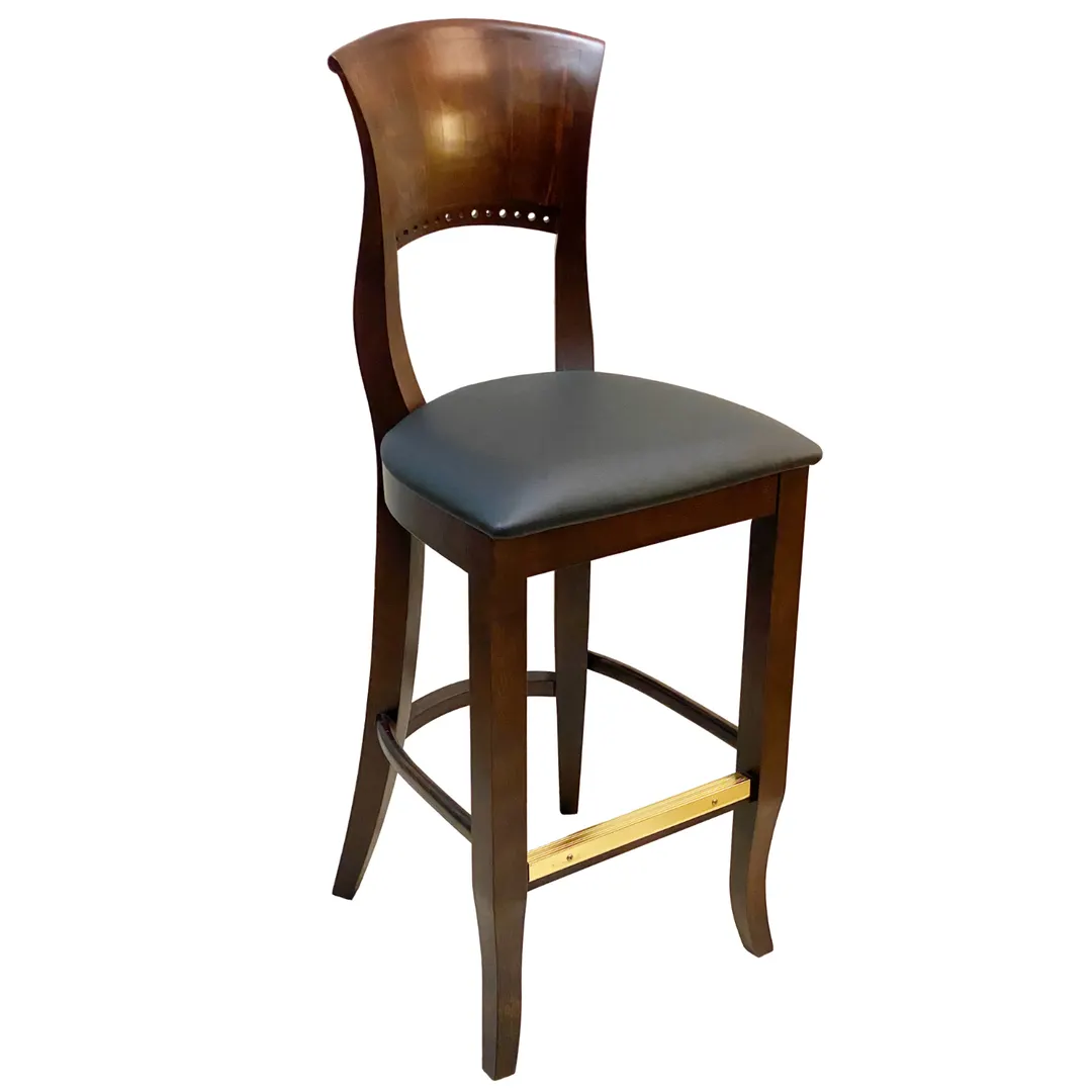 AAA Furniture Wholesale 525BS BVS Bar Stool – Wood Cut‑Out Back, Upholstered Seat, Black Vinyl, Gold Foot Cover