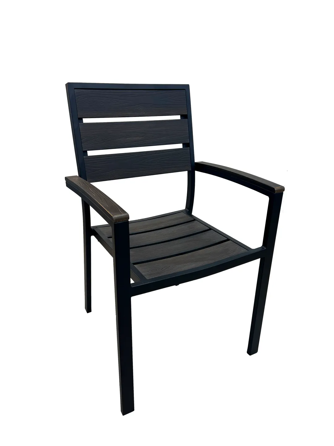 AAA Furniture Wholesale FB-09ARM Outdoor Arm Chair, Walnut Synthetic Teak Back & Seat, Black Aluminum Frame