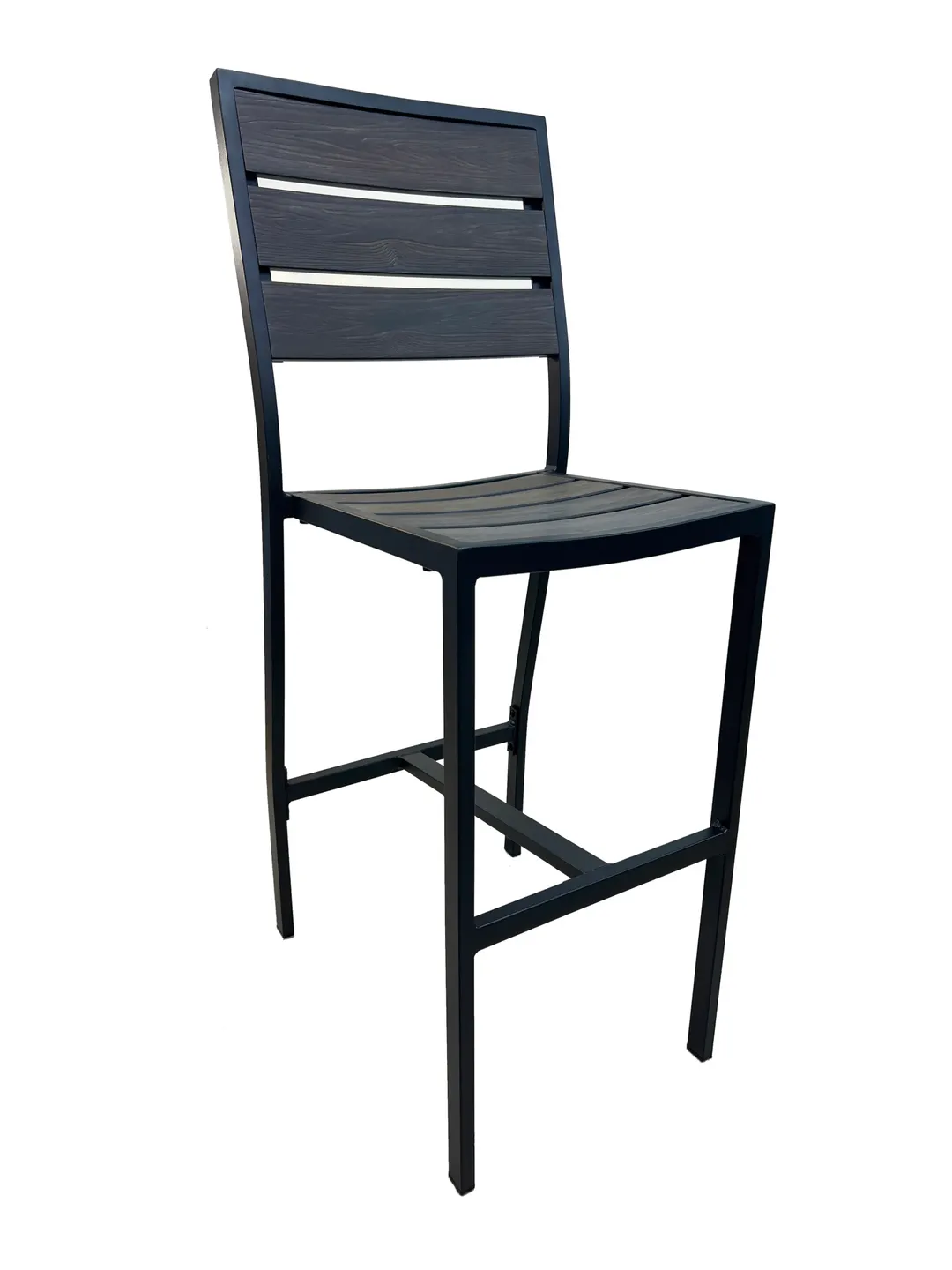 AAA Furniture Wholesale FB-09BS Outdoor Barstool, Walnut Teakwood Back & Seat, Black Aluminum Frame, Armless Slatted Back