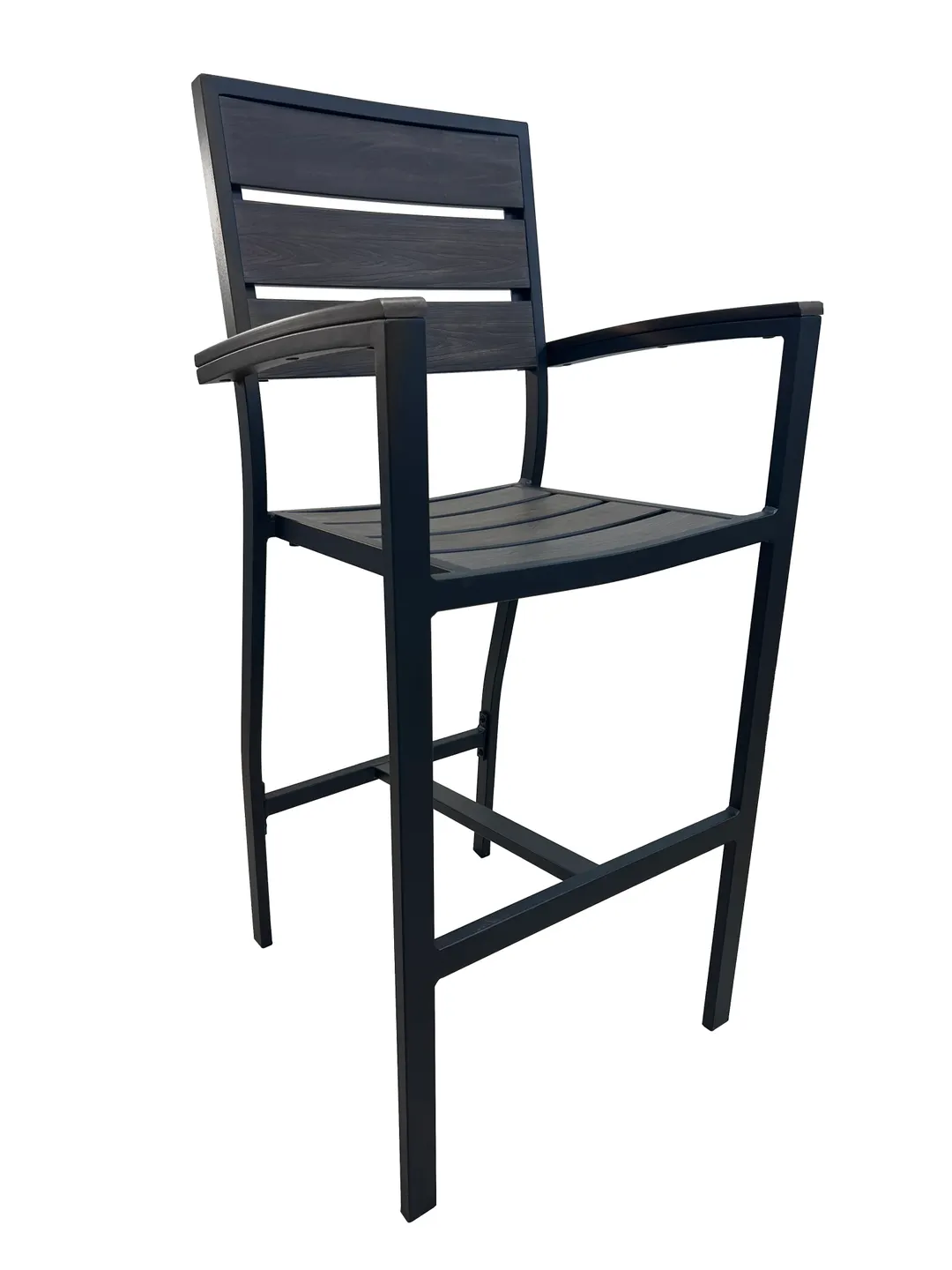AAA Furniture Wholesale FB-09BS/ARM Outdoor Barstool with Armrest, Walnut Teakwood Slatted Back & Seat, Black Aluminum Frame