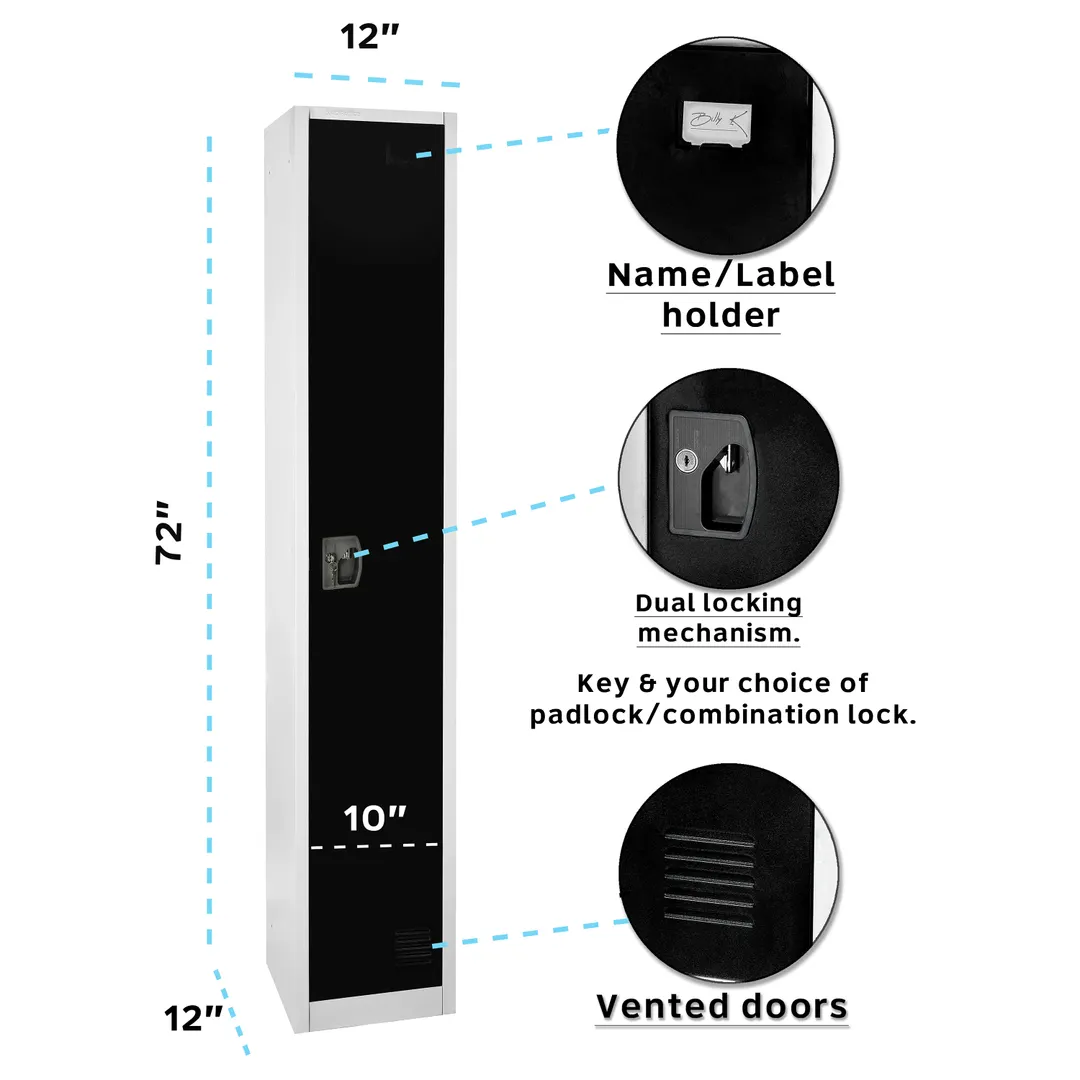 Alpine Industries ADI629-201-BLK Black Large Locker w/ 1 Door, 2 Shelves and 2 Hooks - 72" H x 15"W