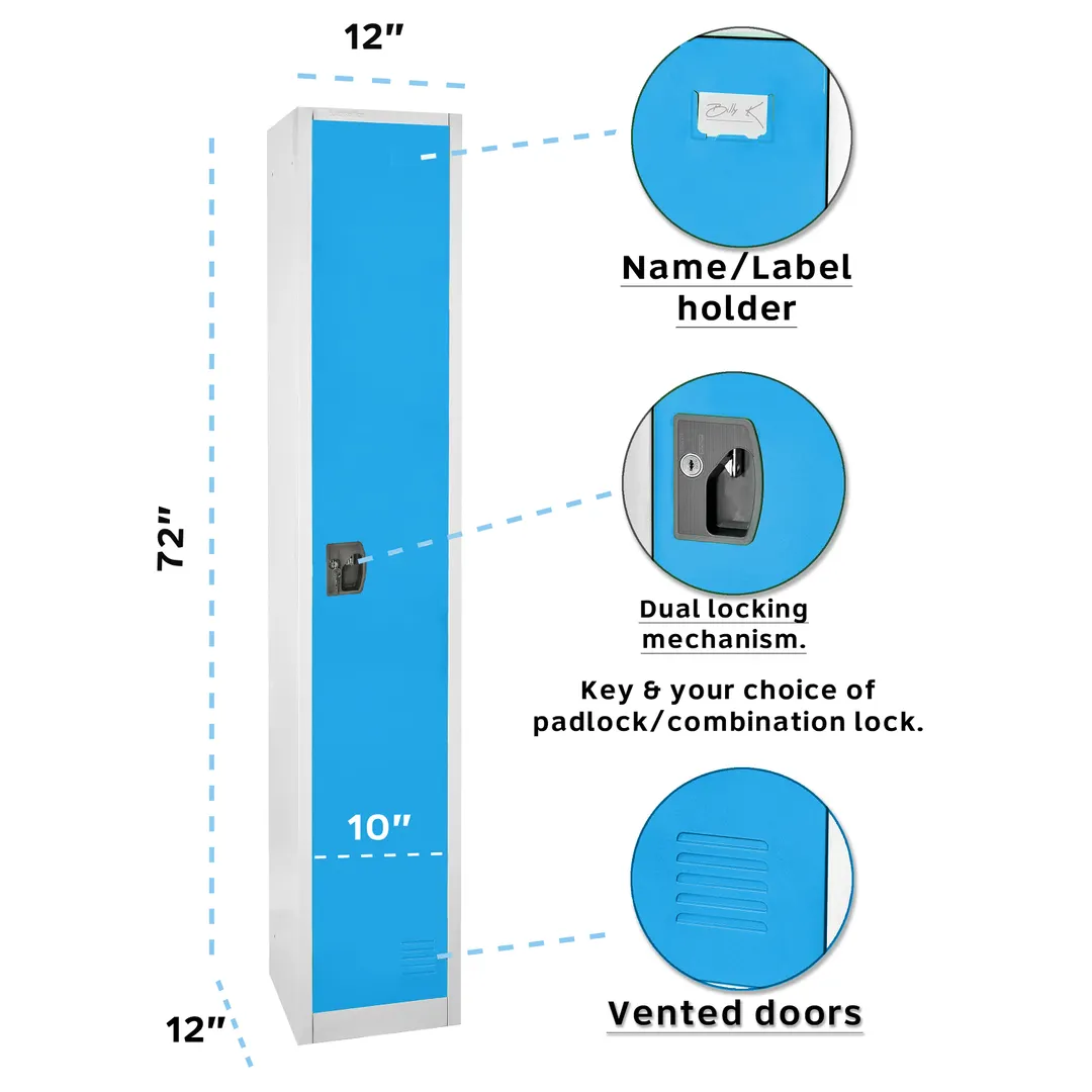 Alpine Industries ADI629-201-BLU Blue Large Storage Locker w/ 1 Door, 2 Shelves and 2 Hooks - 72" H x 15"W