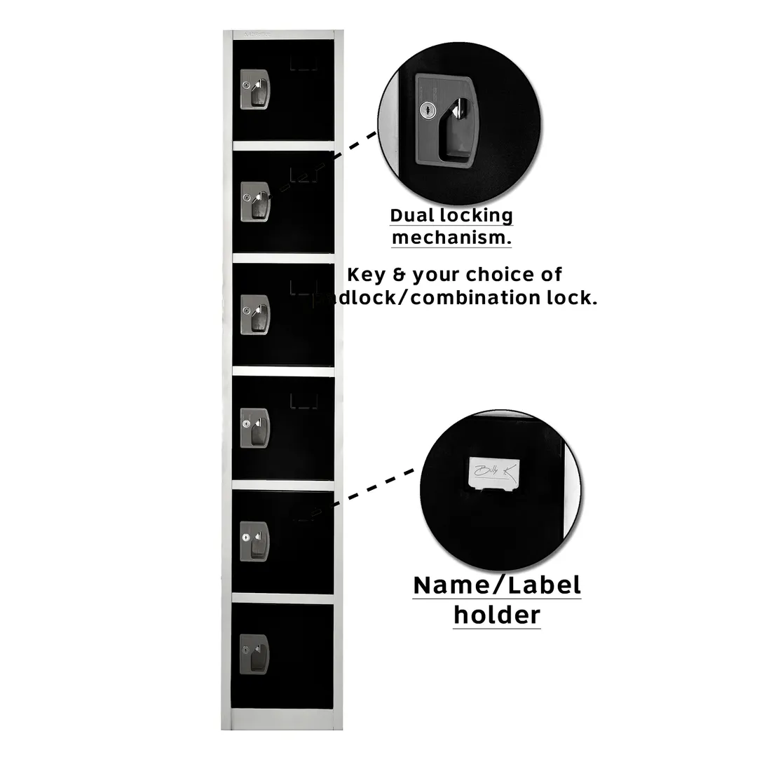 Alpine Industries ADI629-206-BLK Black Steel Storage Locker w/ 6 Doors, 6 Hooks - 72" H x 12" 
