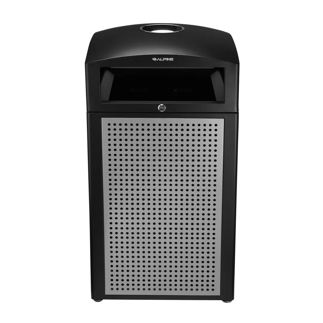 Alpine Industries ALP472-40-SIL - 40‑Gal Trash Container, 21"×21"×41" Silver Steel with Lid, Ashtray