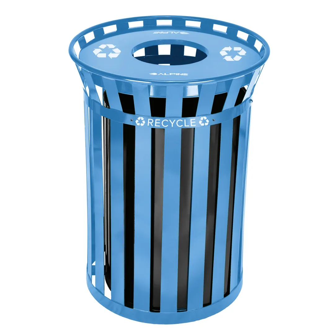 Alpine Industries ALP479-38-BLU Outdoor Metal Trash Can, 38‑Gallon, 36" H x 26" D, Steel, Blue Finish