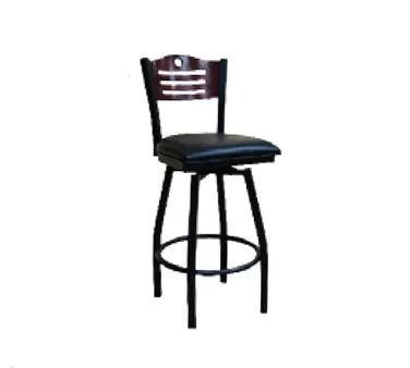 ATS 77B-BSS Swivel Bar Stool, Wood Back with Strips & Circle Cutout, Upholstered Seat, Welded Metal Tubing, Black Powder Coat Finish