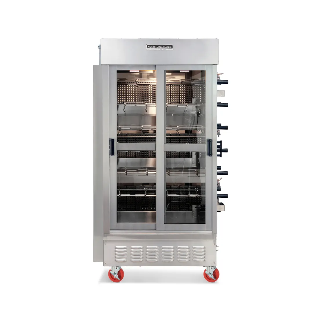 American Range ACB-7 Rotisserie Gas Oven w/ 7 Spits, 3 Burners, Port Pipe Heat, Sliding Doors