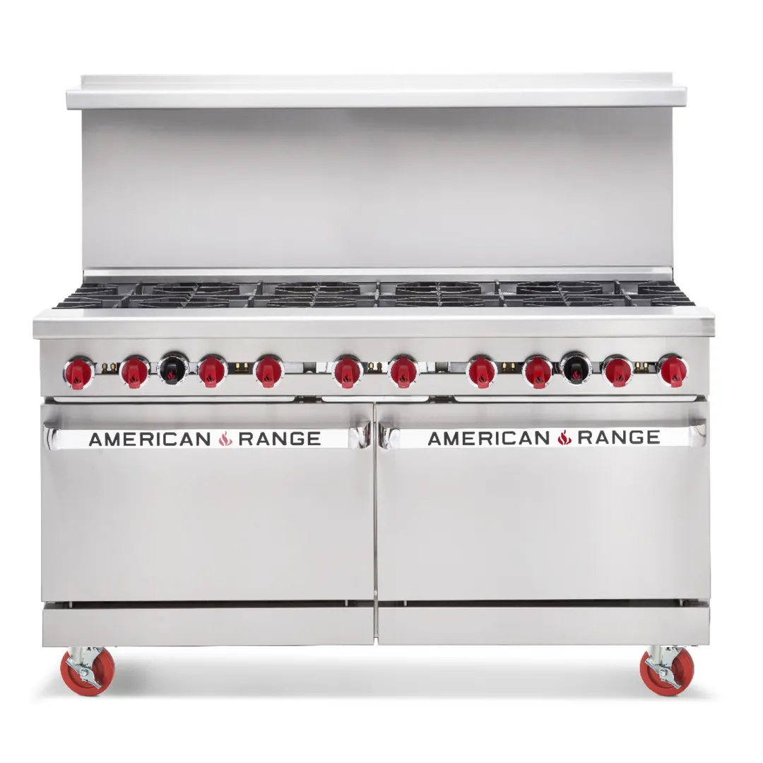 American Range AR-12G-8B 60" Gas Restaurant Range w/ (8) Open Burners, (1) 12" Griddle, (2) Standard Ovens, 346.000 BTU 