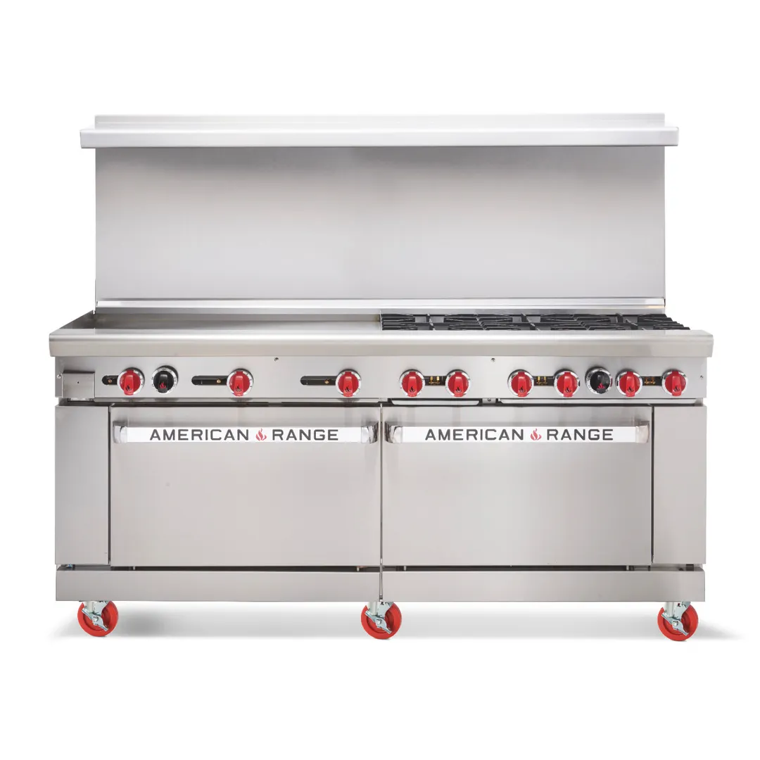 American Range AR-24G-8B-CL-126R 72" Gas Restaurant Range w/ (8) Open Burners, (1) 24" Griddle, (1) Standard Oven, (1) Convection Oven, 361.000 BTU