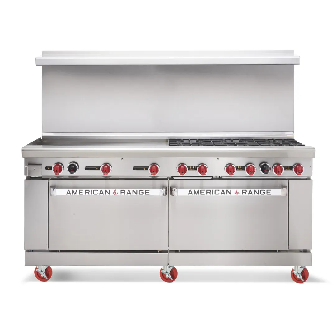 American Range AR-24G-8B 72" Gas Restaurant Range w/ (8) Open Burners, (1) 24" Griddle, (2) Standard Ovens, 366.000 BTU  