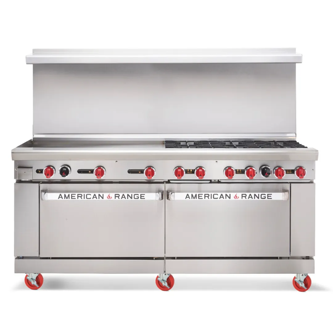 American Range AR-36G-6B-NN 72" Gas Restaurant Range w/ (6) Open Burners, (1) 36" Griddle, (2) Convection Ovens, 306.000 BTU