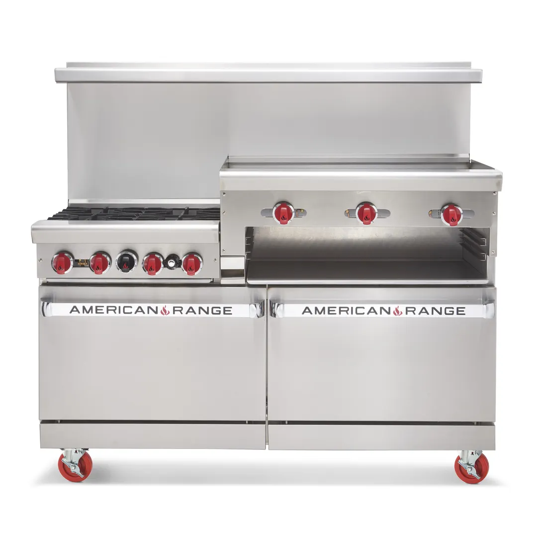 American Range AR-4B-24RG 48" Gas Restaurant Range w/  (4) Open Burners, (1) 24" Raised Griddle/Broiler, (2) Space Saver Ovens, 222.000 BTU