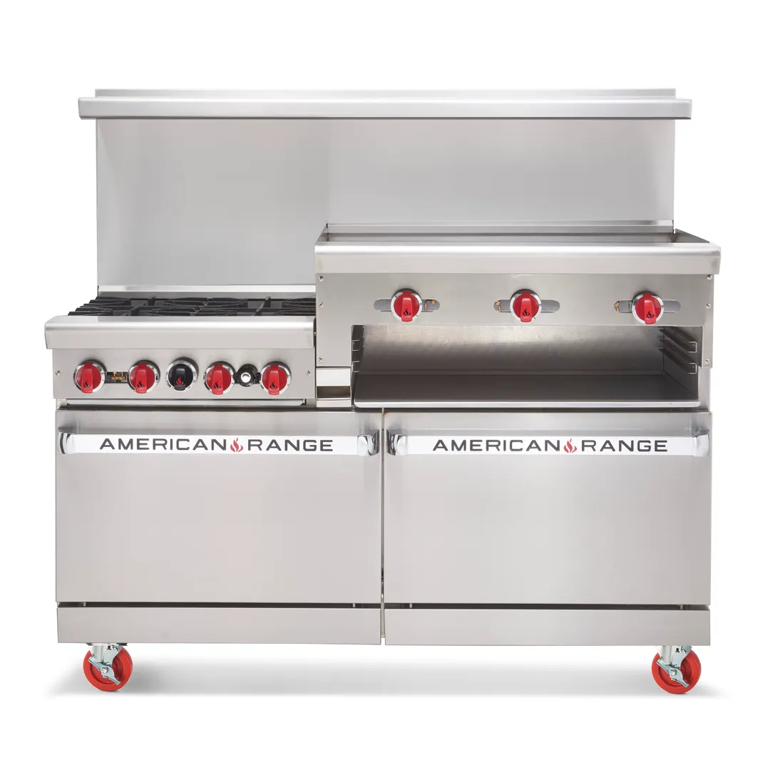 American Range AR-4B-36RG-NVL-126R 60" Gas Restaurant Range w/ (4) Open Burners, (1) 36" Raised Griddle/Broiler, (1) Standard Oven, (1) Convection Oven, 250.000 BTU 