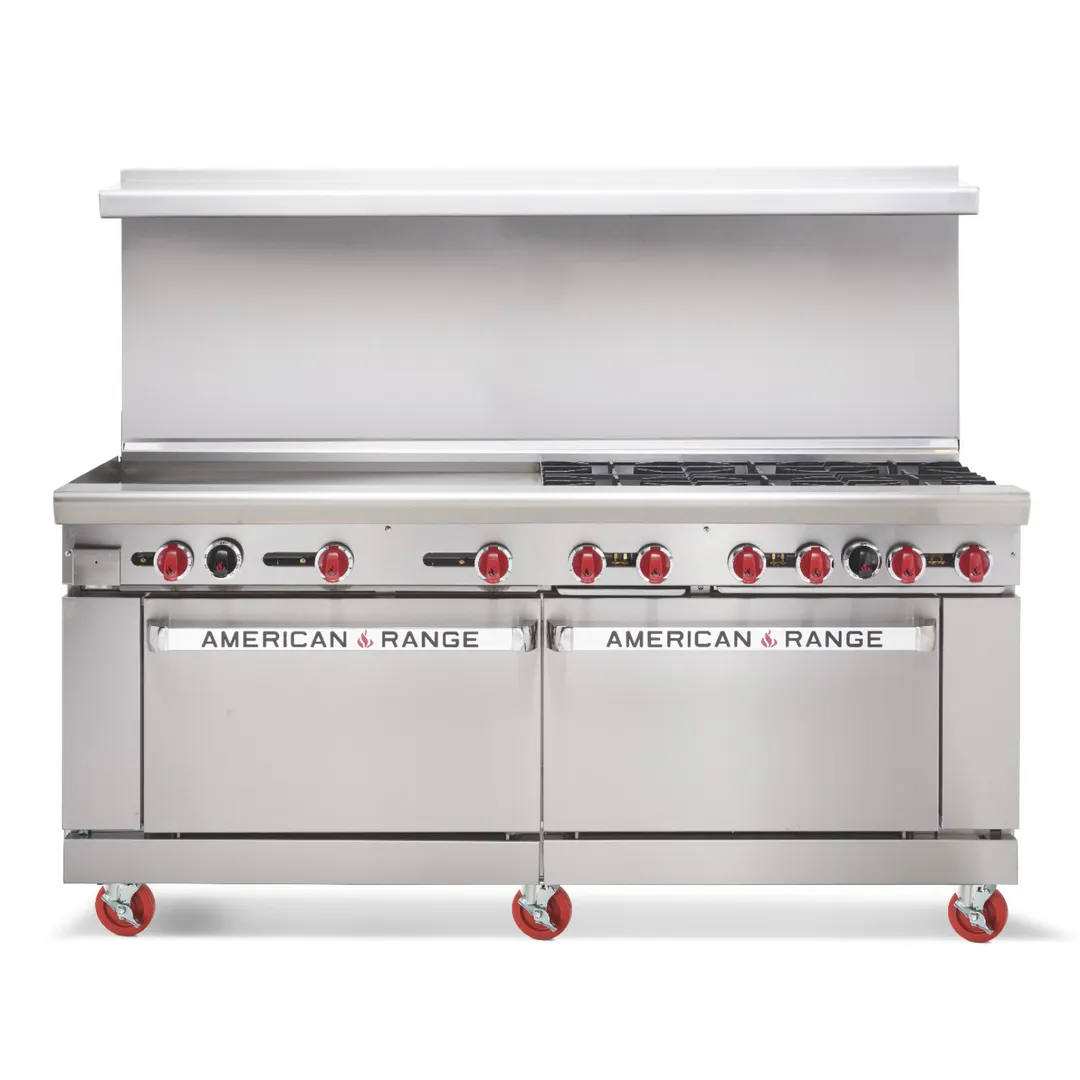American Range AR-60G 60" Gas Restaurant Range w/ (1) 60" Full Griddle, (2) Standard Ovens, 170.000 BTU