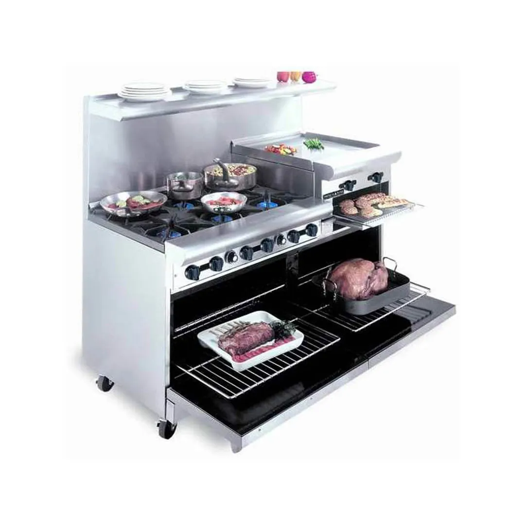 American Range AR-6B-24RG 60" Gas Restaurant Range w/ (6) Open Burners, (1) 24" Raised Griddle/Broiler, (2) Standard Ovens, 302.000 BTU 