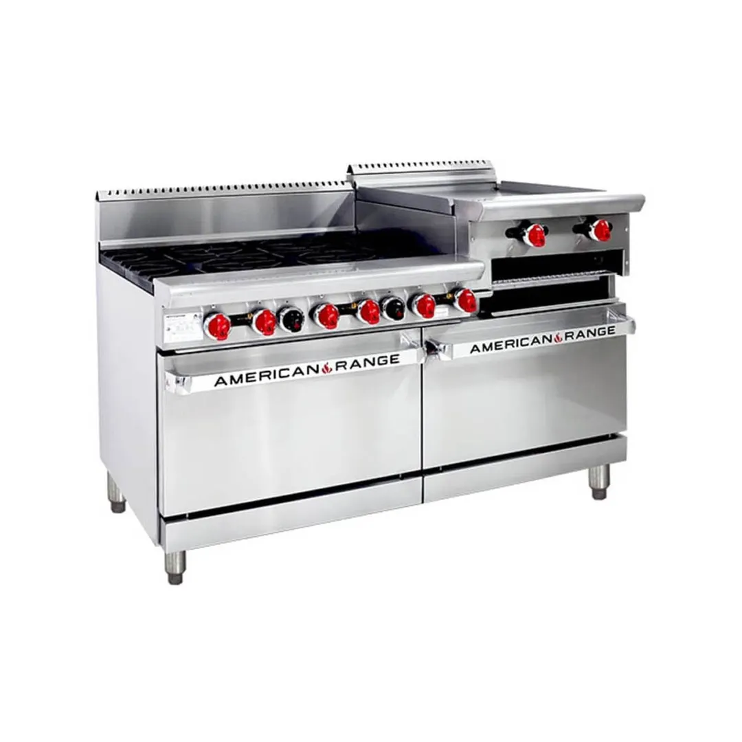 American Range AR-6B-24RG 60" Gas Restaurant Range w/ (6) Open Burners, (1) 24" Raised Griddle/Broiler, (2) Standard Ovens, 302.000 BTU 