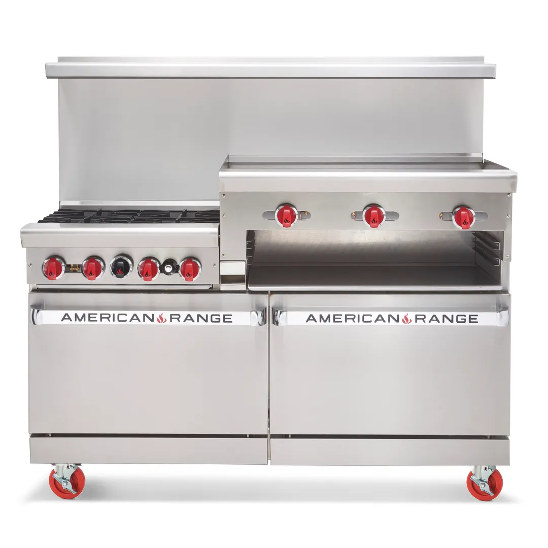 American Range AR-6B-24RG-NVL-126R 60" Gas Restaurant Range w/ (6) Open Burners, (1) 24" Raised Griddle/Broiler, (1) Standard Oven, (1) Convection Oven, 294.000 BTU 