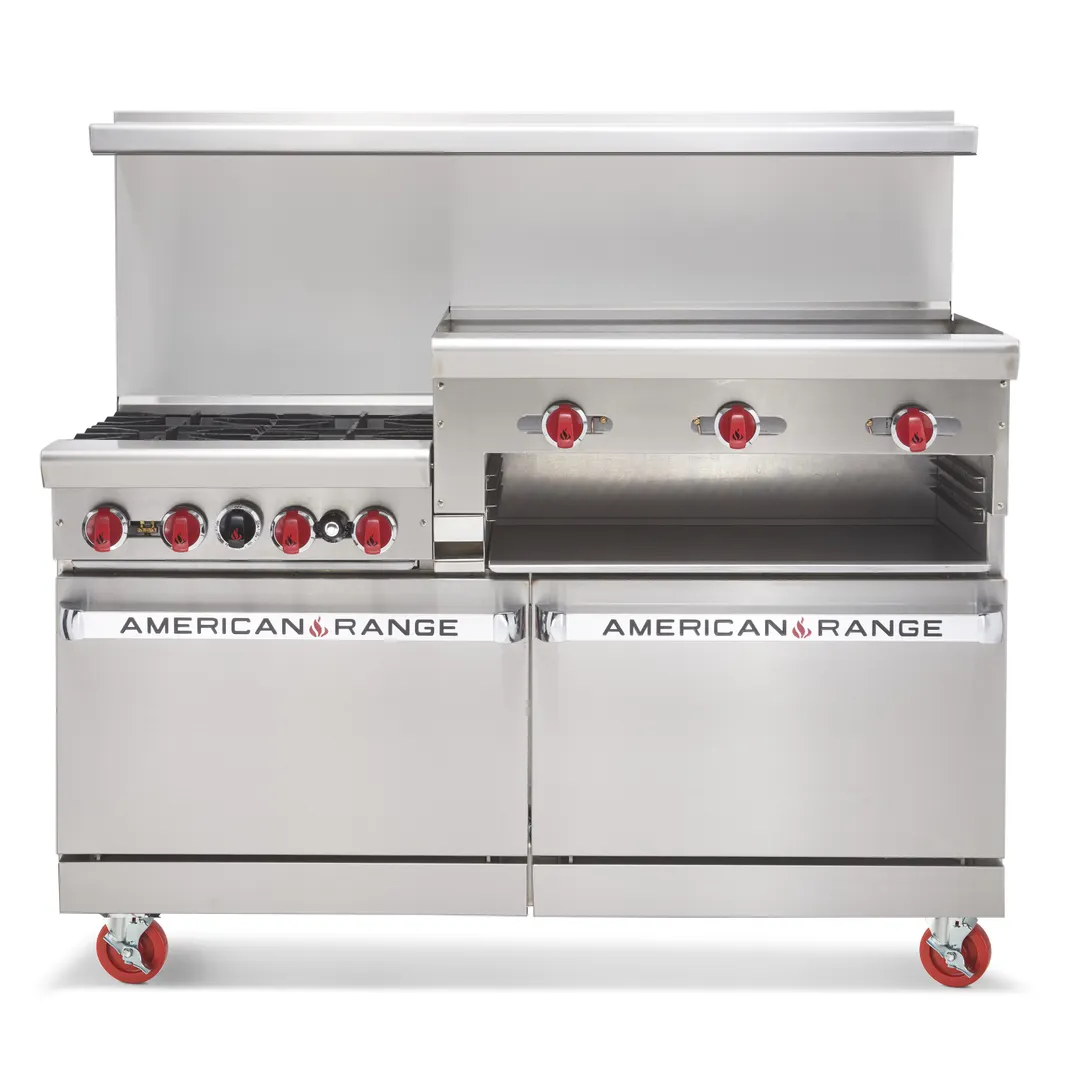 American Range AR-6B-36RG 72" Gas Restaurant Range w/ (6) Open Burners, (1) 36" Raised Griddle/Broiler, (2) Standard Ovens, 322.000 BTU