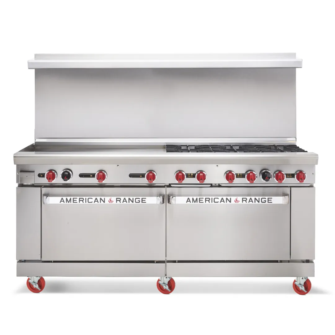 American Range AR-8B-24RG 72" Gas Restaurant Range w/  (8) Open Burners, (1) 24" Raised Griddle/Broiler, (2) Standard Ovens, 366.000 BTU