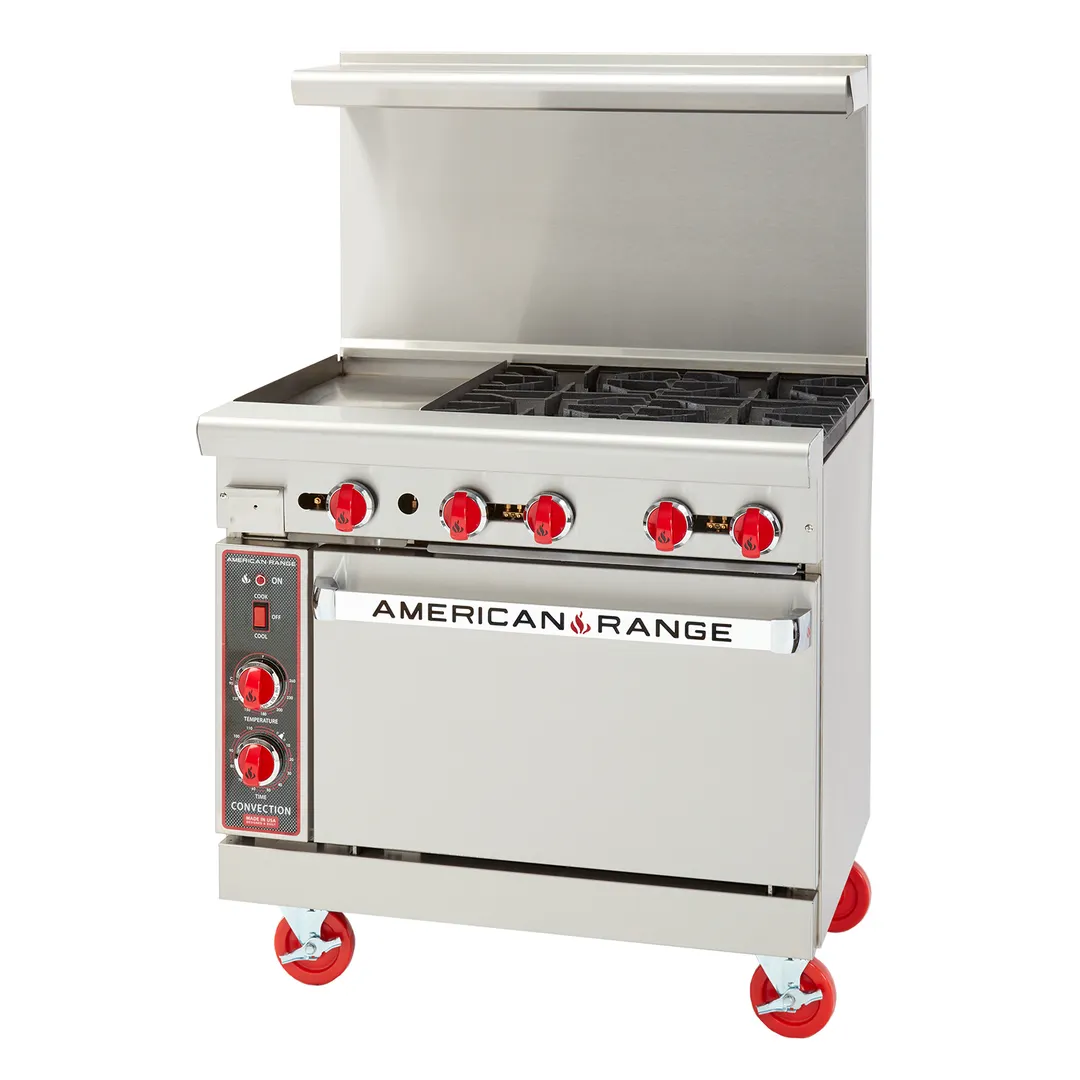 American Range ARGF-24G-2B-C 36" Gas Restaurant Range w/ (1) 24" Griddle, (2) Open Burners, (1) Convection Oven, 120.000 BTU 