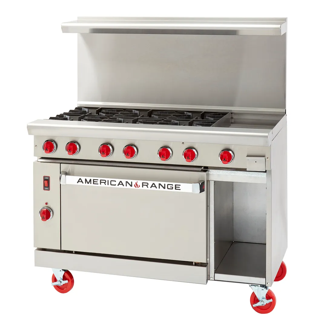 American Range ARGF-8B-126L-SBR 48" Gas Restaurant Range w/ (8) Open Burners, (1) Standard Oven, (1) Cabinet Base, 235.000 BTU