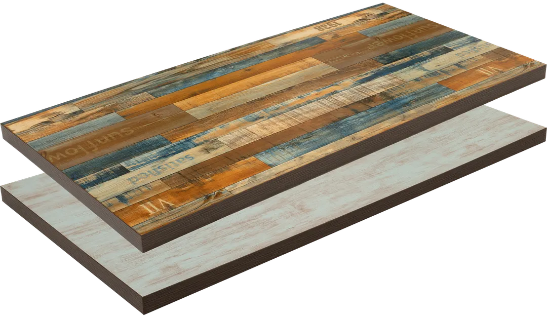 ATS ATP3060-BL/Y 30" x 60" Reversible Laminate Restaurant Table Top, Rectangular, Double Laminate with 2" Composite Vinyl Drop Edge, Light Blue Wood Grain/Yangon Color Planks Style Finish
