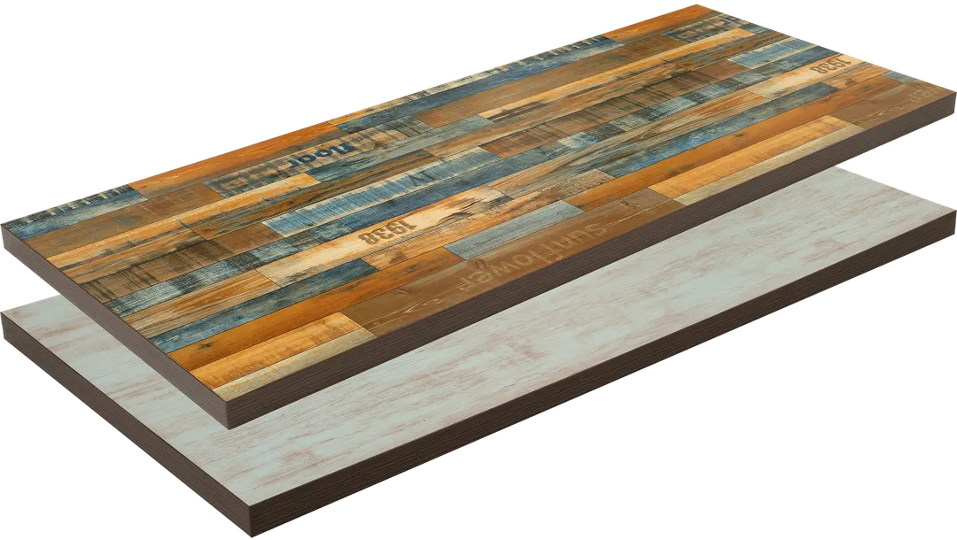 ATS ATP3072-BL/Y Reversible Rectangular Restaurant Table Top, 30" x 72", Double Laminate with 2" Composite Vinyl Drop Edge, Light Blue Wood Grain/Yangon Color Planks Style Finish