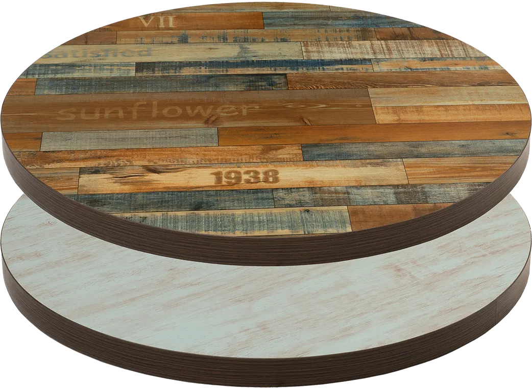ATS ATP36-BL/Y 36 Inch Round Reversible Laminate Restaurant Table Top, Light Blue Wood Grain/Yangon Color Finish, 2 Inch Composite Vinyl Drop Edge