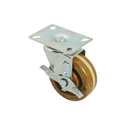 AllPoints 1201213 4" Swivel PlateCaster with Brake, Medium Duty - Brown Phenolic Wheel