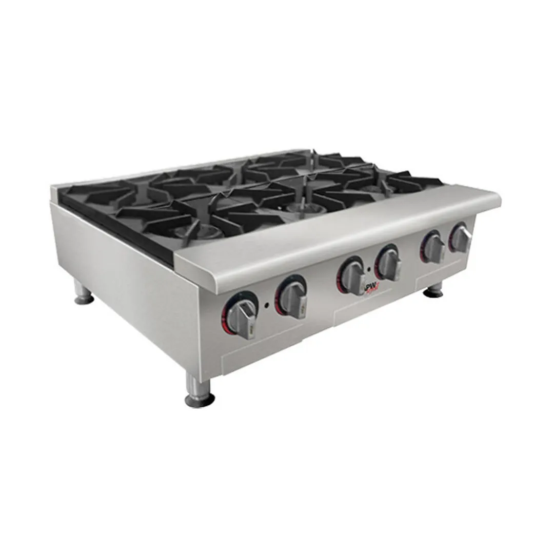 APW Wyott GHP-6S 36" Countertop Gas Hotplate with (6) Burners, Manual Controls, 132.000 BTU