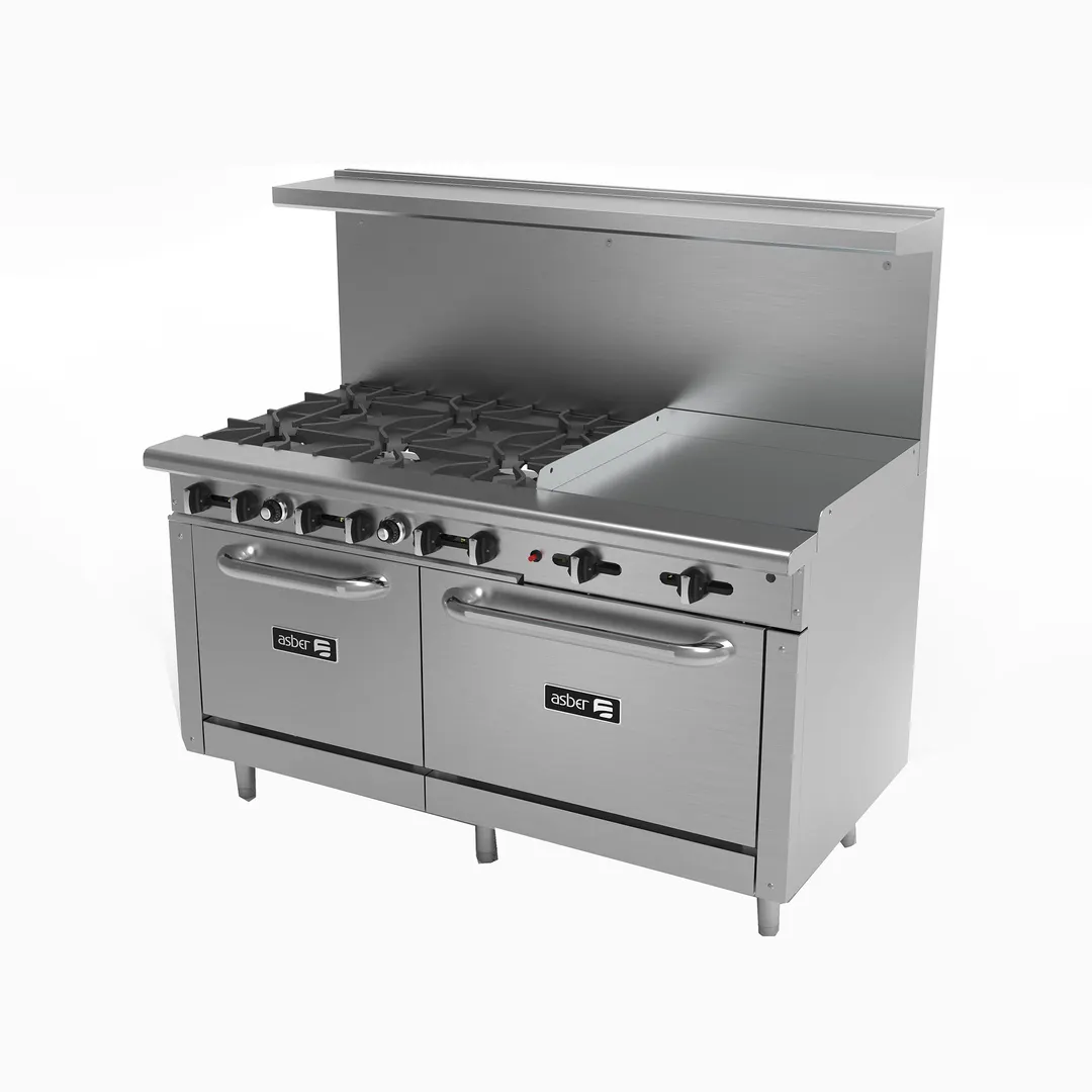Asber AEMR-2-G36-B4-60-H 60" Gas Restaurant Range w/ (4) Burners, 36" Griddle, (2) Ovens, 252.000 BTU