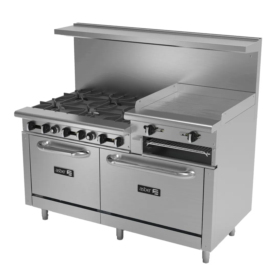 Asber AEMR-2-RG24-B6-60-H 60" Gas Restaurant Range w/ (6) Burners, 24" Raised Griddle, (2) Ovens