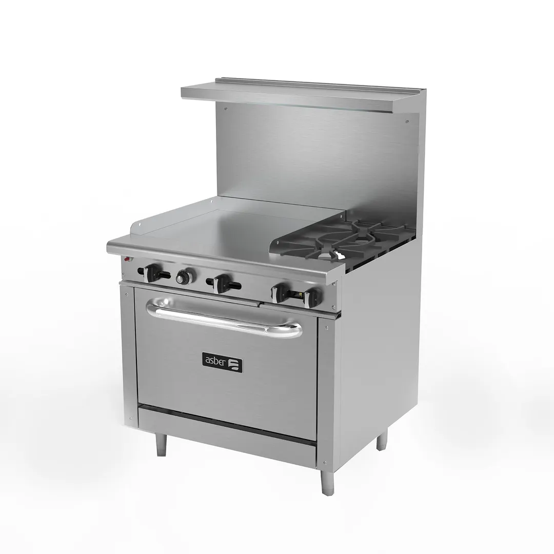 Asber AEMR-G24-B2-36-H 36" Gas Restaurant Range w/ (2) Open Burners, (1) 24" Griddle, (1) Standard Oven, 138.000 BTU 