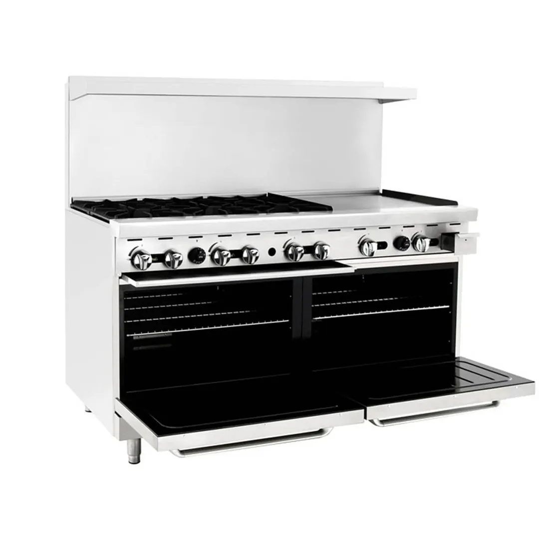 Atosa USA AGR-6B24GR-LP 60" Liquid Propane Gas Restaurant Range w/ (6) Open Burners, (1) 24" Griddle, (2) Standard Ovens, 240.000 BTU