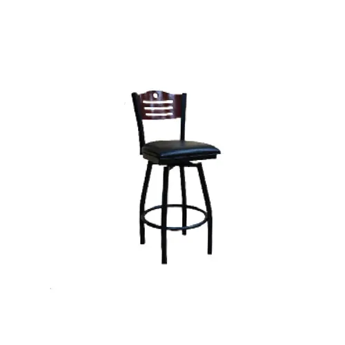 ATS 77CB-BSS Swivel Bar Stool, Wood Cutout Back, Armless, 1-1/8" Square Metal Tubing, Footrest, Clear Coat